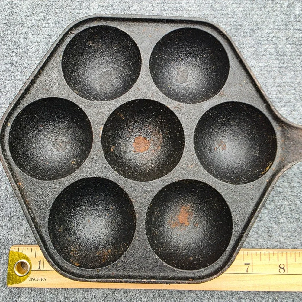 Vintage Cast Iron Aebleskiver Pan 7 Hole Hexagon Made in USA Danish Pancake Puff